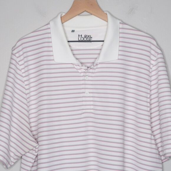 Under Armour Mens Loose Polo Shirt 2XL Pink White Stripes HeatGear Cancer Ribbon - Picture 6 of 11